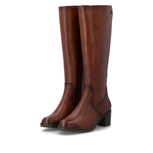 Remonte D2A78-24 women's brown leather side zip long boots, paired three-quarter view.