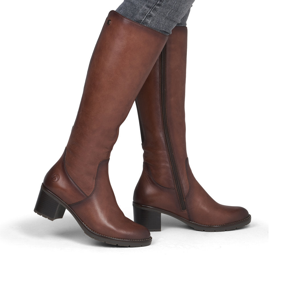 Remonte D2A78-24 women's brown leather side zip long boots, on-foot lifestyle view.