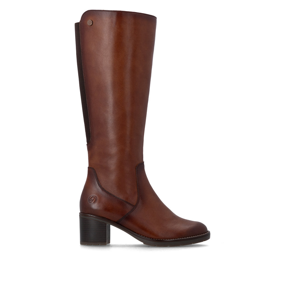Remonte D2A78-24 women's brown leather side zip long boots, opposite side view.