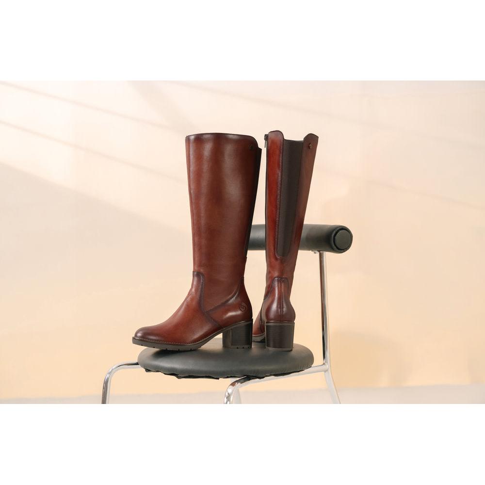 Remonte D2A78-24 women's brown leather side zip long boots, lifestyle view 1 of 2.