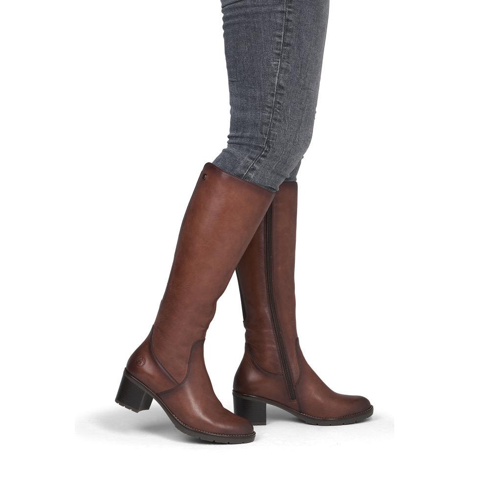 Remonte D2A78-24 women's brown leather side zip long boots, on-foot lifestyle view.