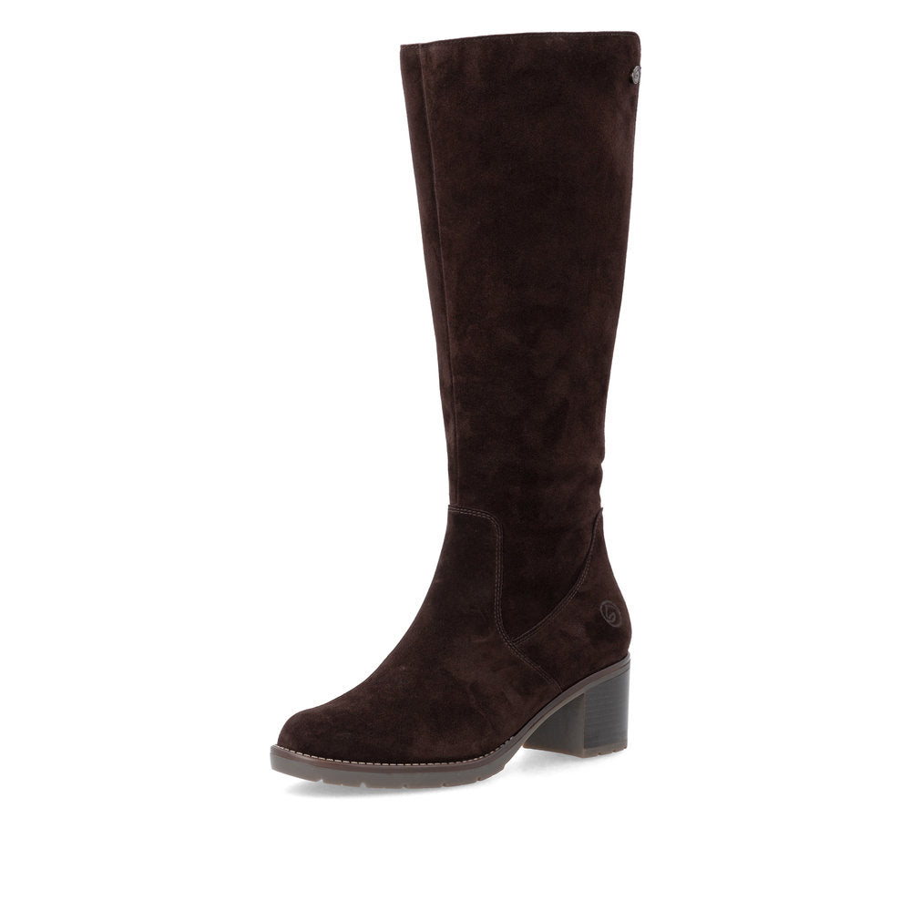 Remonte D2A78-25 women's brown leather side zip long boots, front three-quarter view.