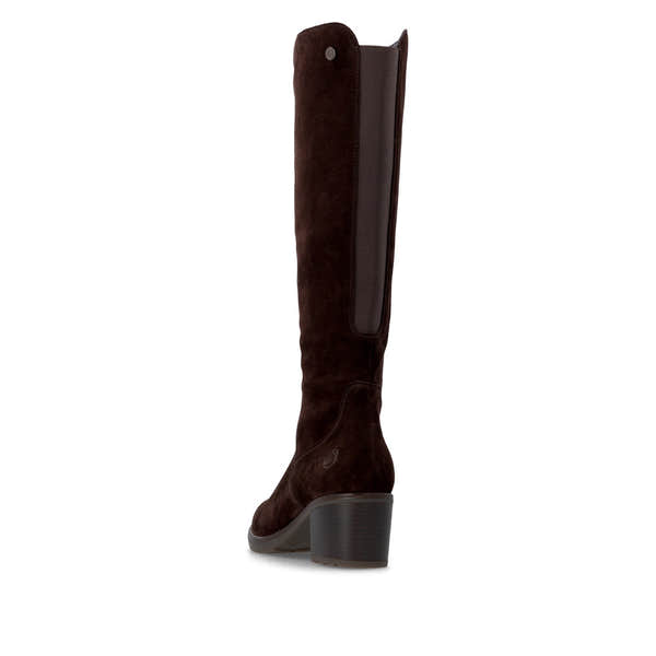 Remonte D2A78-25 women's brown leather side zip long boots, rear three-quarter view.