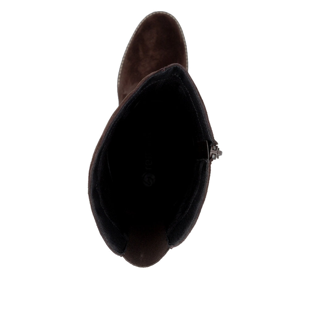 Remonte D2A78-25 women's brown leather side zip long boots, top view.