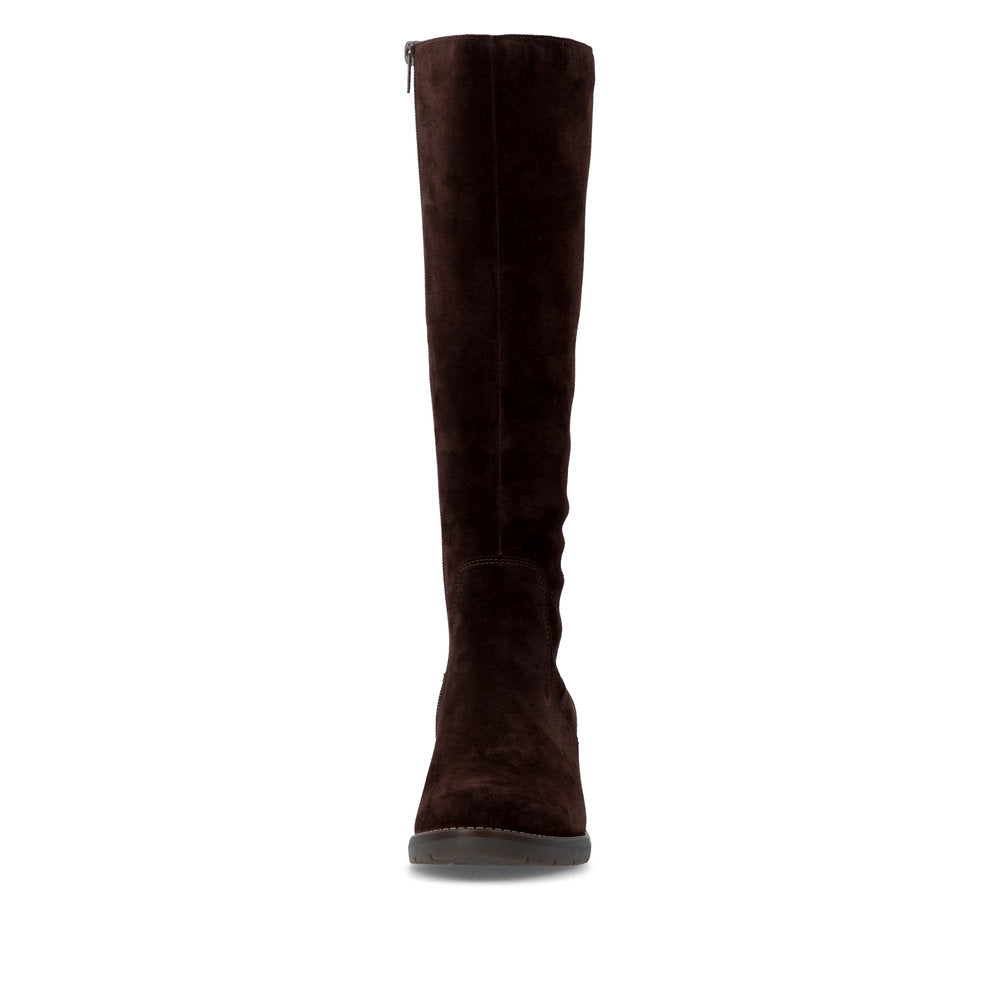 Remonte D2A78-25 women's brown leather side zip long boots, front view.
