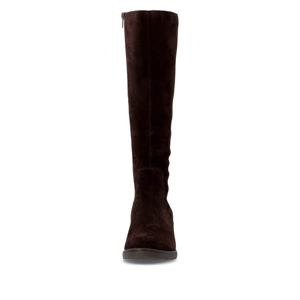 Remonte D2A78-25 women's brown leather side zip long boots, front view.