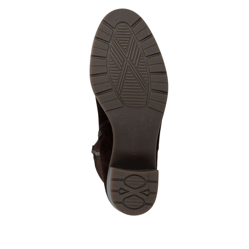 Remonte D2A78-25 women's brown leather side zip long boots, sole and tread view.