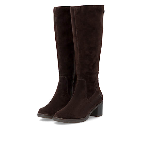 Remonte D2A78-25 women's brown leather side zip long boots, paired three-quarter view.