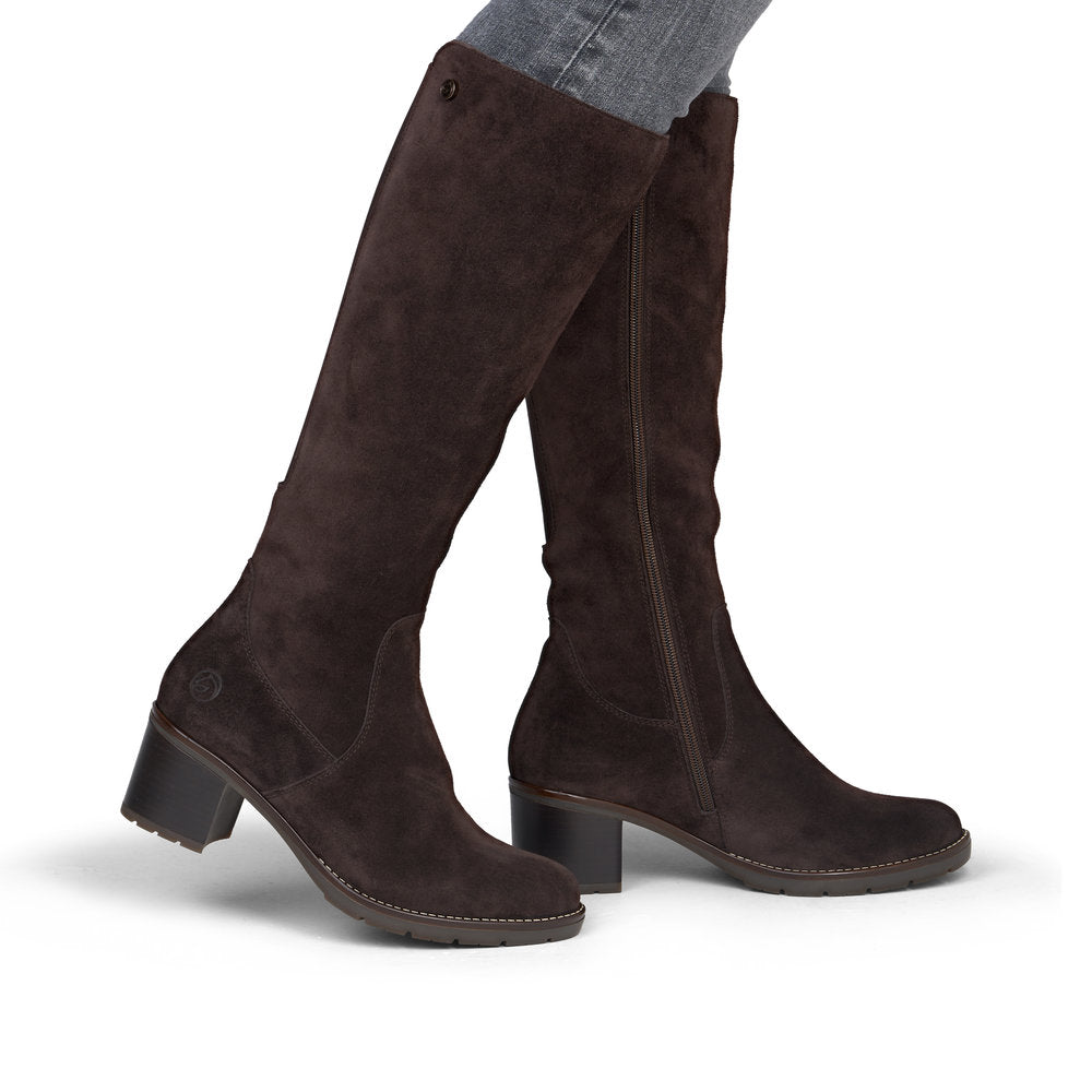 Remonte D2A78-25 women's brown leather side zip long boots, on-foot lifestyle view.