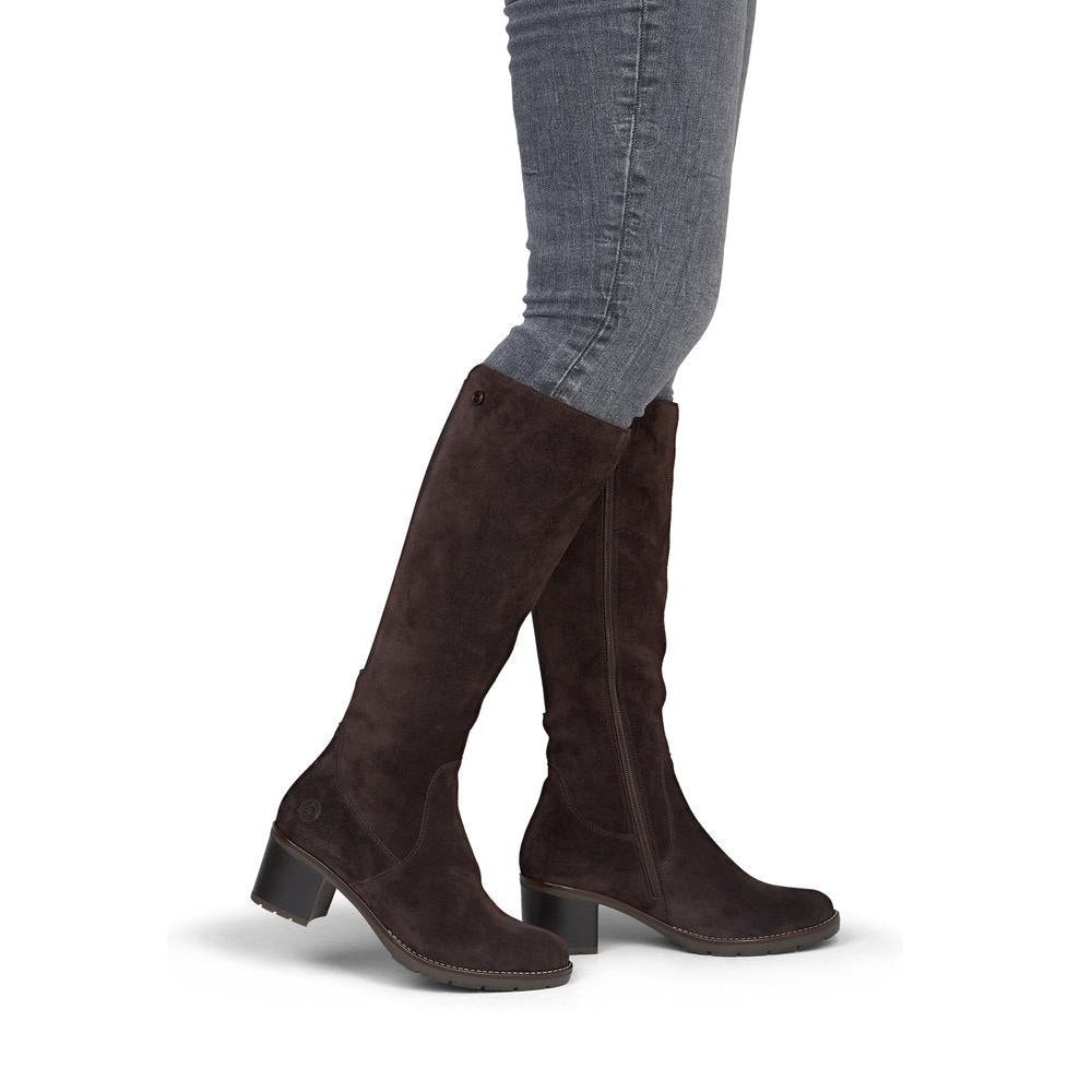 Remonte D2A78-25 women's brown leather side zip long boots, on-foot lifestyle view.