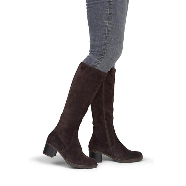 Remonte D2A78-25 women's brown leather side zip long boots, on-foot lifestyle view.