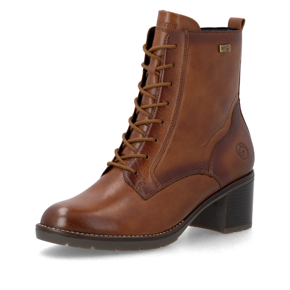Remonte D2A80-24 women's brown leather water resistant zip & lace ankle boots, front three-quarter view.