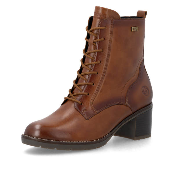 Remonte D2A80-24 women's brown leather water resistant zip & lace ankle boots, front three-quarter view.