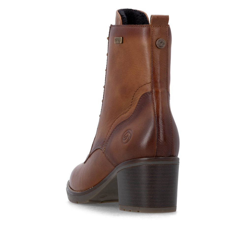 Remonte D2A80-24 women's brown leather water resistant zip & lace ankle boots, rear three-quarter view.