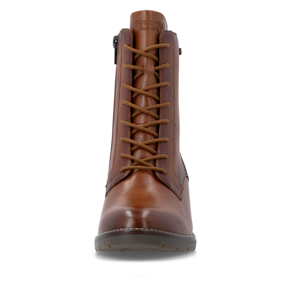 Remonte D2A80-24 women's brown leather water resistant zip & lace ankle boots, front view.