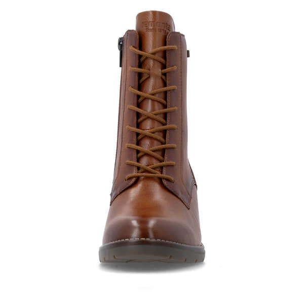 Remonte D2A80-24 women's brown leather water resistant zip & lace ankle boots, front view.