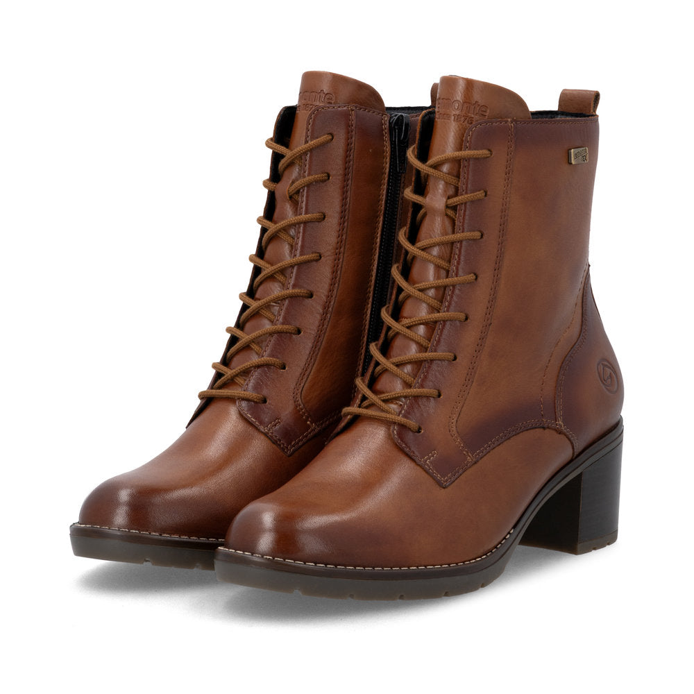 Remonte D2A80-24 women's brown leather water resistant zip & lace ankle boots, paired three-quarter view.