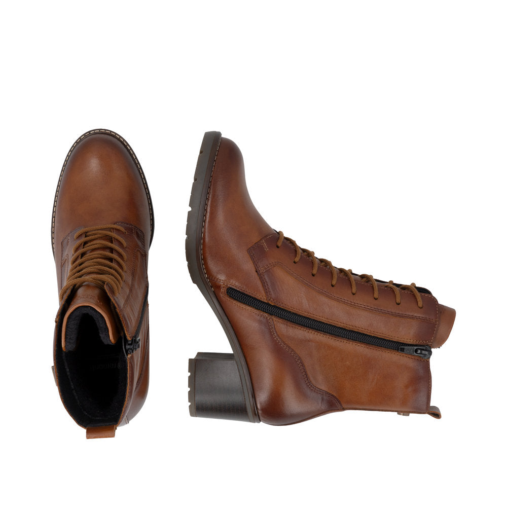 Remonte D2A80-24 women's brown leather water resistant zip & lace ankle boots, two-angle product view.