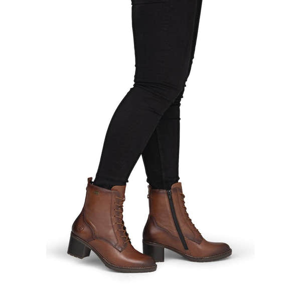 Remonte D2A80-24 women's brown leather water resistant zip & lace ankle boots, on-foot lifestyle view.