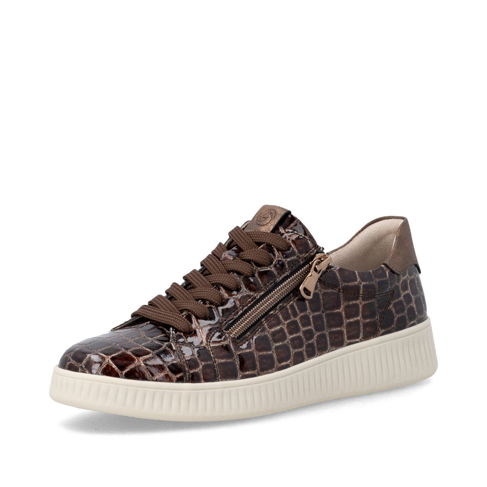 Remonte D2E01-25 women's wide brown vegan croc print zip & lace trainers, front three-quarter view.