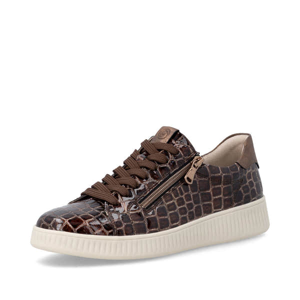 Remonte D2E01-25 women's wide brown vegan croc print zip & lace trainers, front three-quarter view.