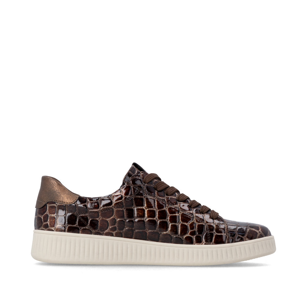Remonte D2E01-25 women's wide brown vegan croc print zip & lace trainers, outer side view.