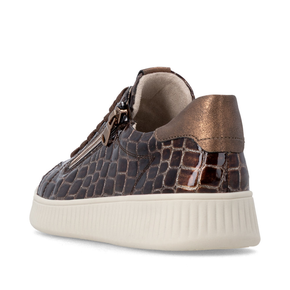 Remonte D2E01-25 women's wide brown vegan croc print zip & lace trainers, rear three-quarter view.