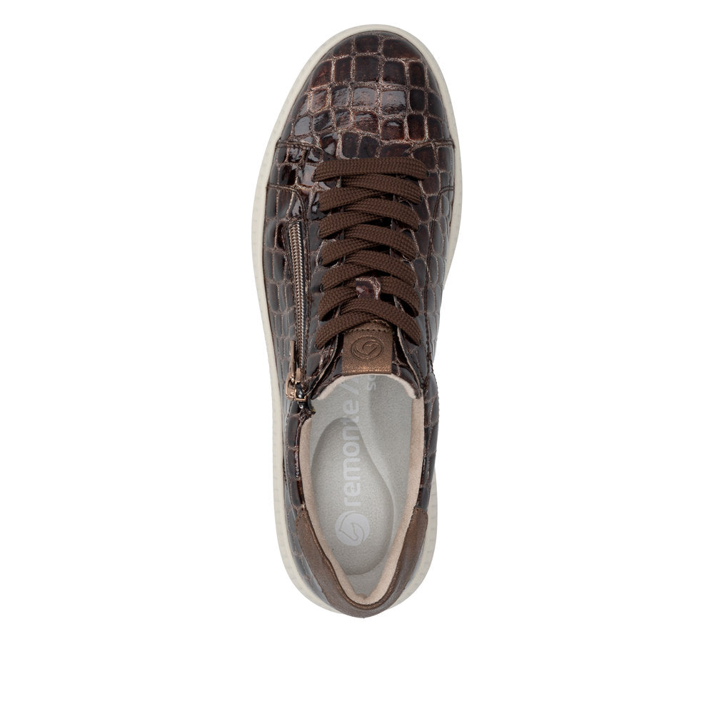 Remonte D2E01-25 women's wide brown vegan croc print zip & lace trainers, top view.