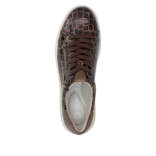Remonte D2E01-25 women's wide brown vegan croc print zip & lace trainers, top view.