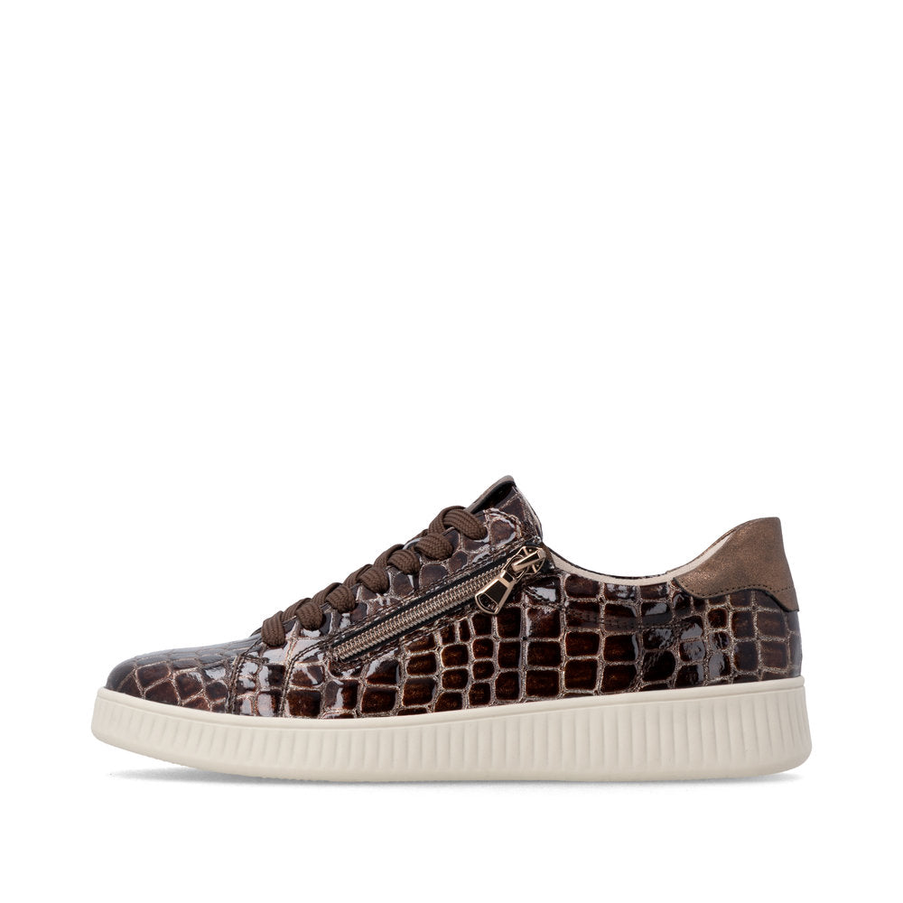 Remonte D2E01-25 women's wide brown vegan croc print zip & lace trainers, inner side view.
