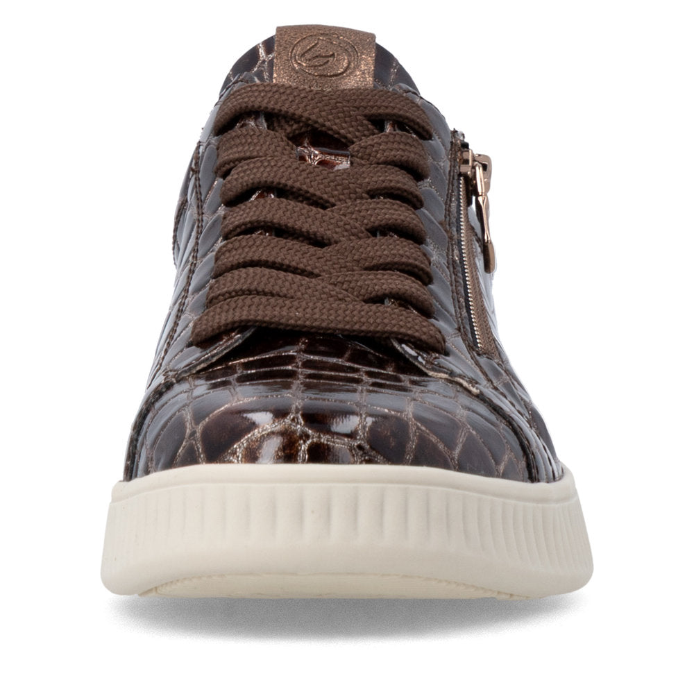 Remonte D2E01-25 women's wide brown vegan croc print zip & lace trainers, front view.