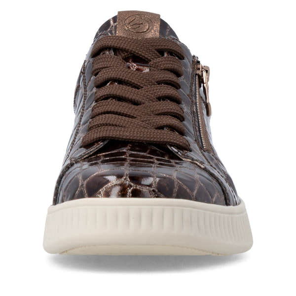 Remonte D2E01-25 women's wide brown vegan croc print zip & lace trainers, front view.