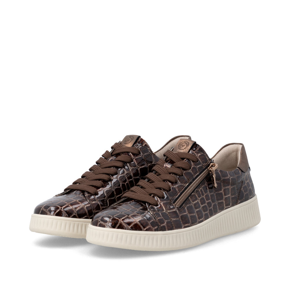 Remonte D2E01-25 women's wide brown vegan croc print zip & lace trainers, paired three-quarter view.