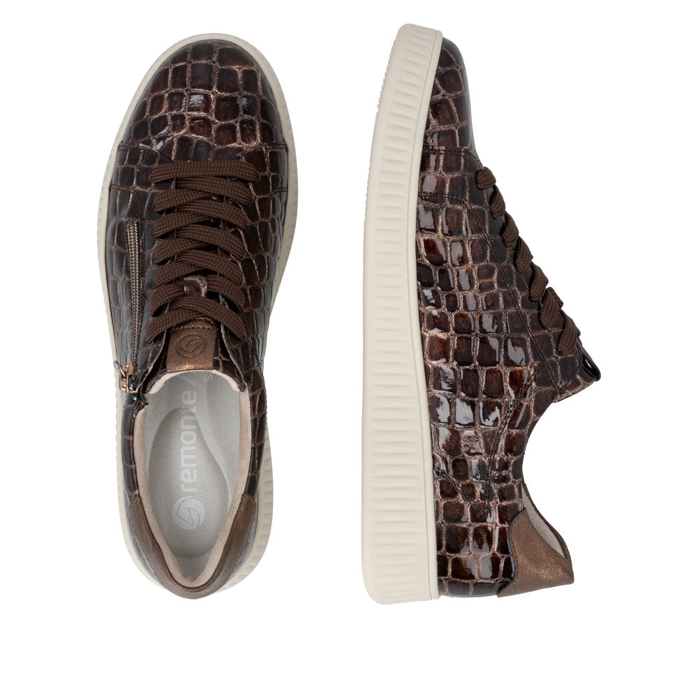 Remonte D2E01-25 women's wide brown vegan croc print zip & lace trainers, two-angle product view.