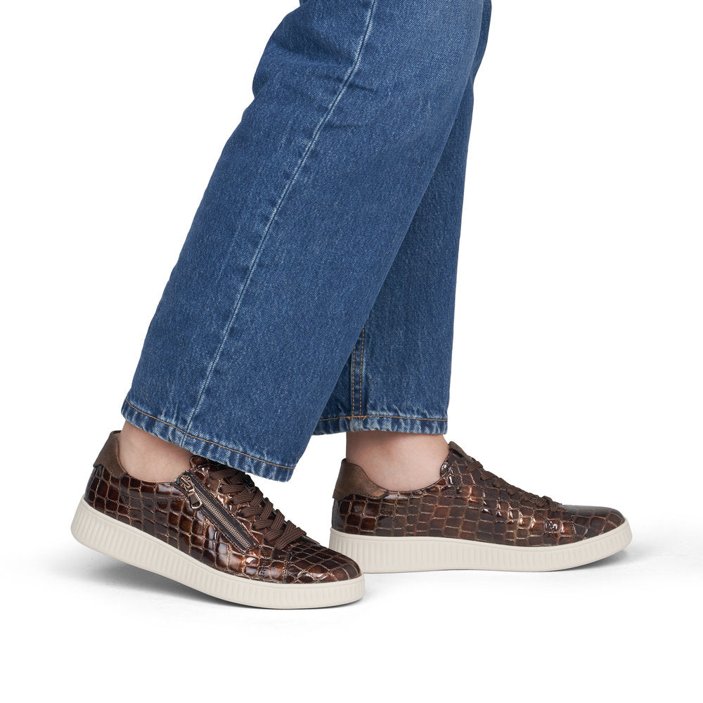 Remonte D2E01-25 women's wide brown vegan croc print zip & lace trainers, on-foot lifestyle view.