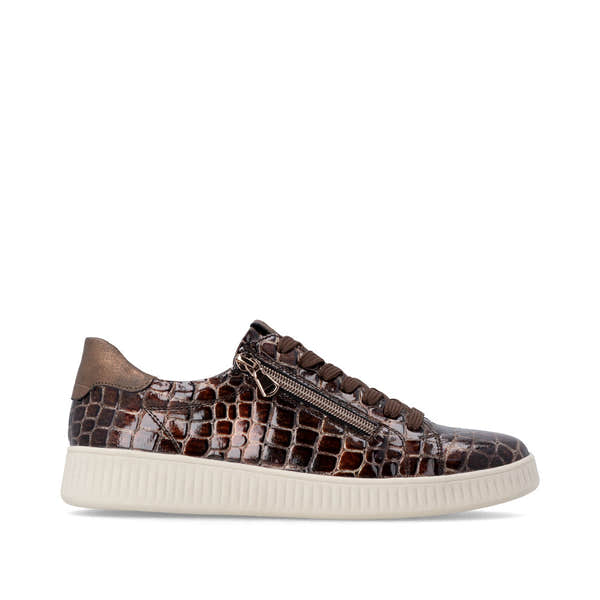 Remonte D2E01-25 women's wide brown vegan croc print zip & lace trainers, opposite side view.