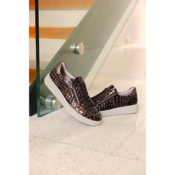 Remonte D2E01-25 women's wide brown vegan croc print zip & lace trainers, lifestyle view 1 of 2.