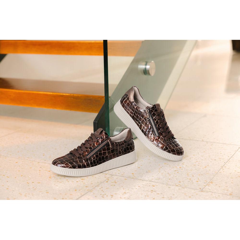 Remonte D2E01-25 women's wide brown vegan croc print zip & lace trainers, lifestyle view 2 of 2.