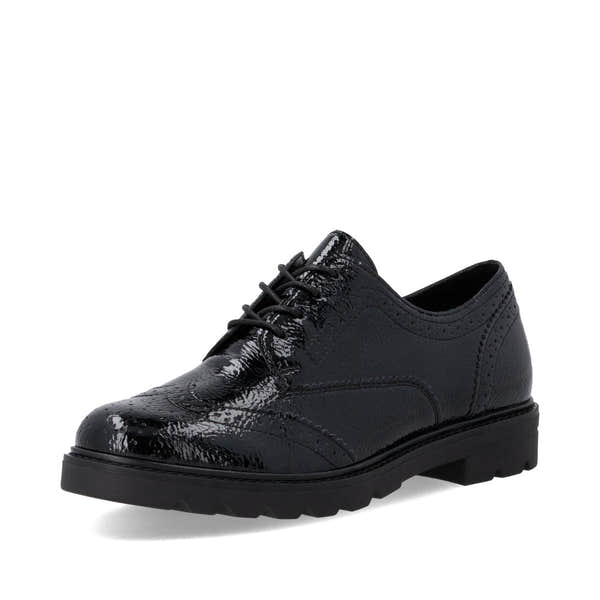 Remonte D2Q04-02 women's black patent brogue lace up shoes, front three-quarter view.