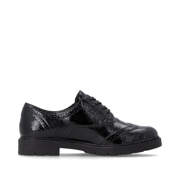 Remonte D2Q04-02 women's black patent brogue lace up shoes, outer side view.