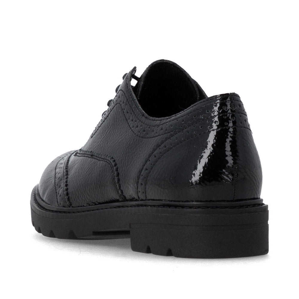 Remonte D2Q04-02 women's black patent brogue lace up shoes, rear three-quarter view.