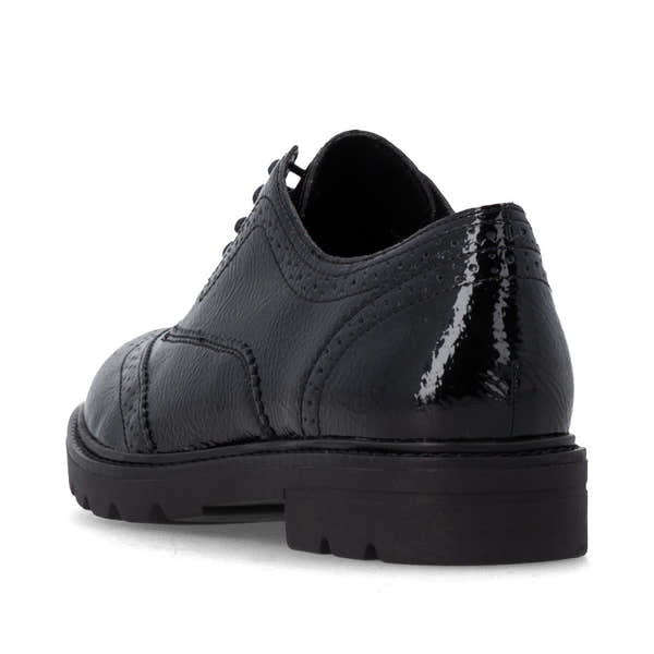 Remonte D2Q04-02 women's black patent brogue lace up shoes, rear three-quarter view.