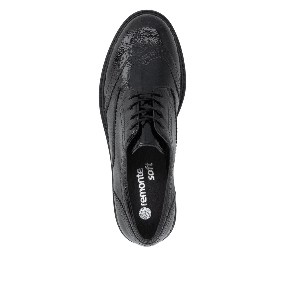 Remonte D2Q04-02 women's black patent brogue lace up shoes, top view.