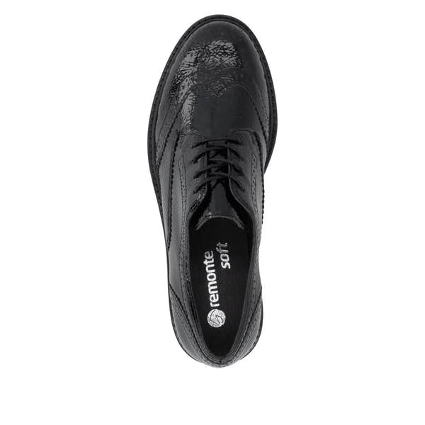 Remonte D2Q04-02 women's black patent brogue lace up shoes, top view.