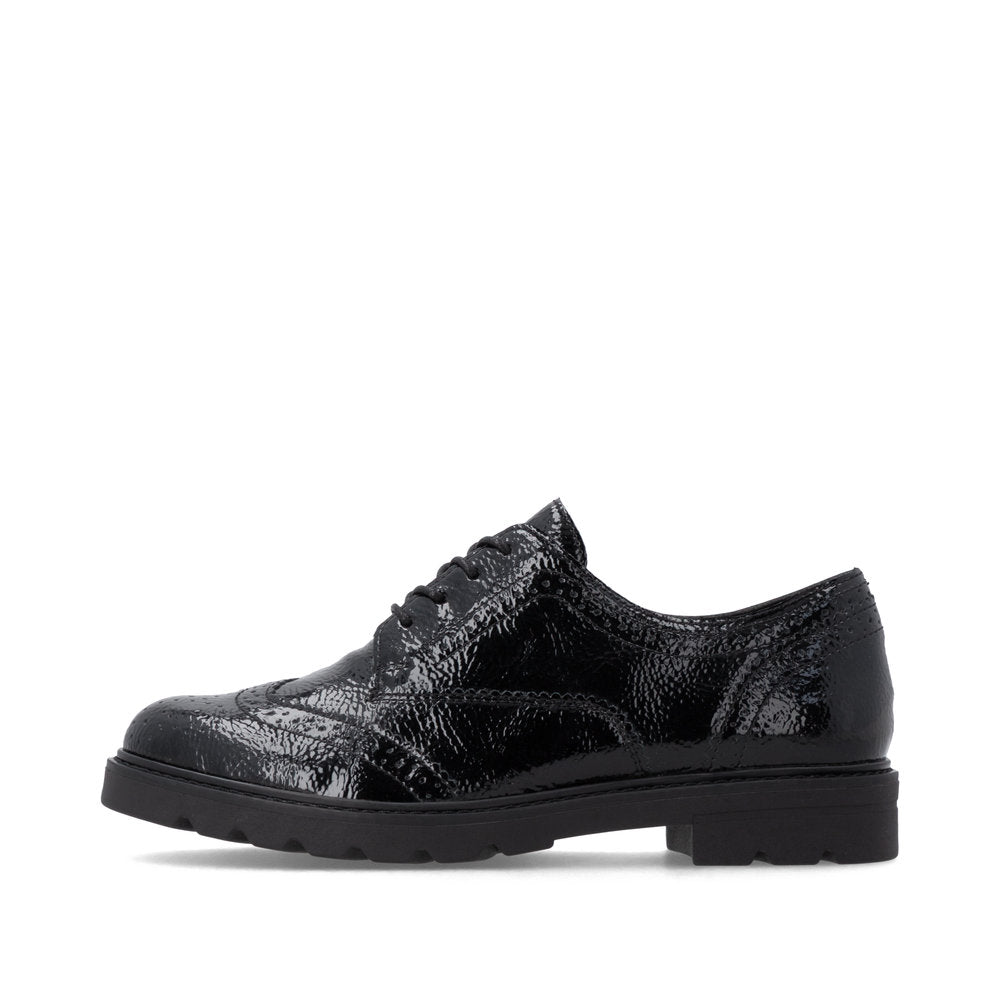 Remonte D2Q04-02 women's black patent brogue lace up shoes, inner side view.