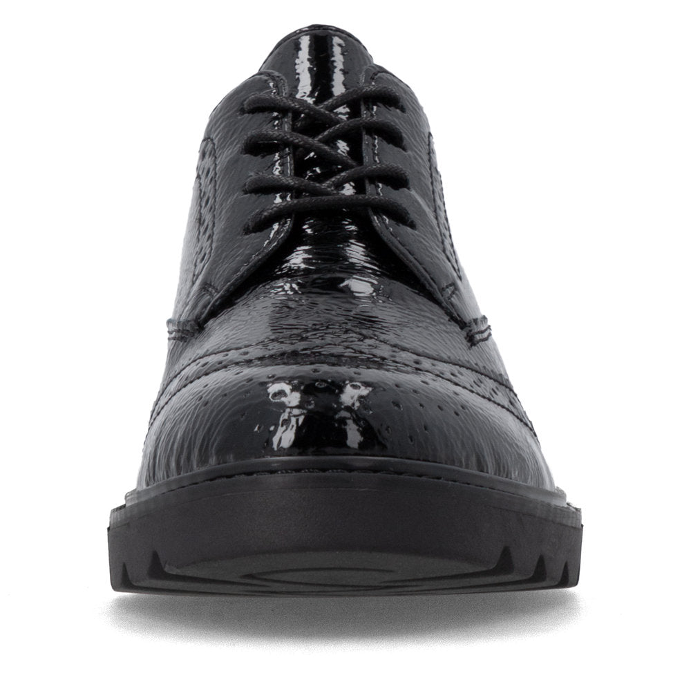 Remonte D2Q04-02 women's black patent brogue lace up shoes, front view.