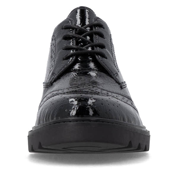 Remonte D2Q04-02 women's black patent brogue lace up shoes, front view.