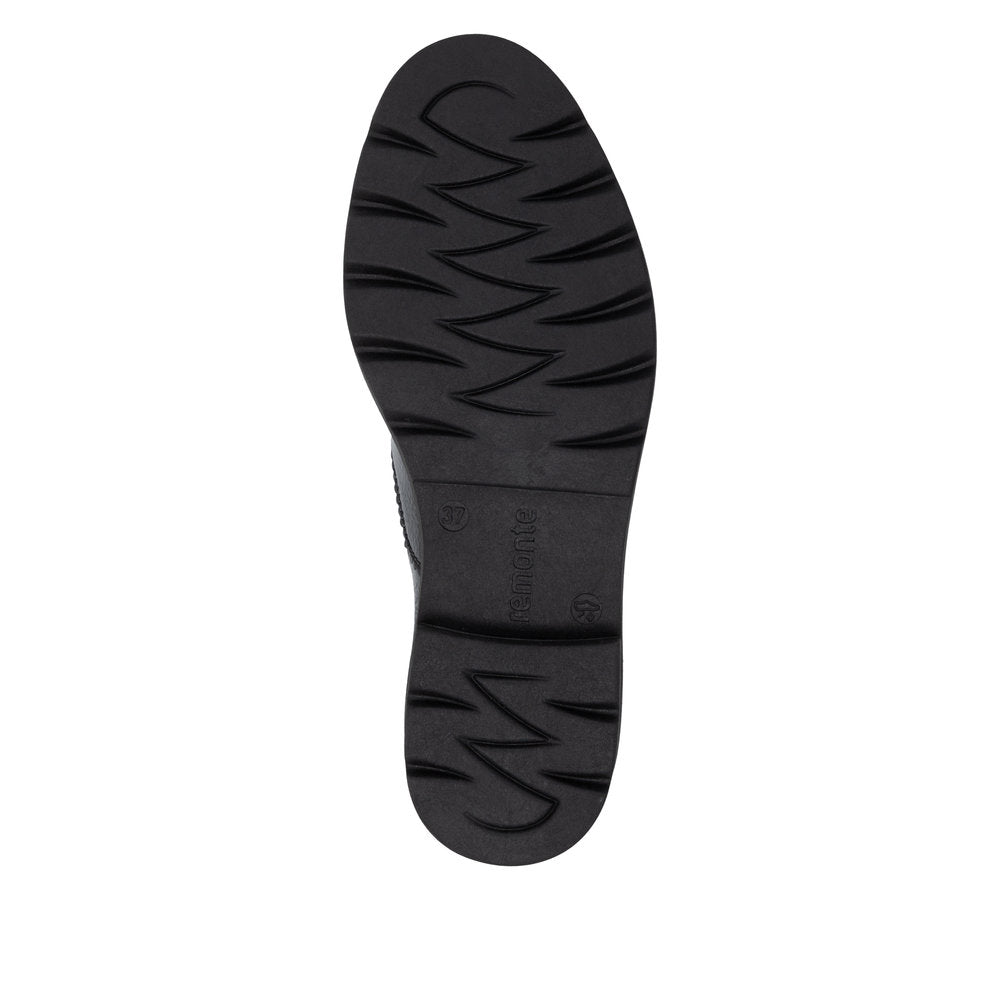 Remonte D2Q04-02 women's black patent brogue lace up shoes, sole and tread view.