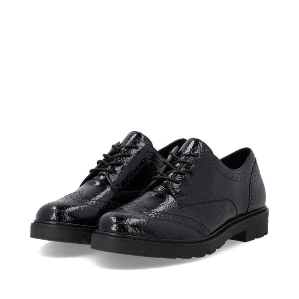 Remonte D2Q04-02 women's black patent brogue lace up shoes, paired three-quarter view.