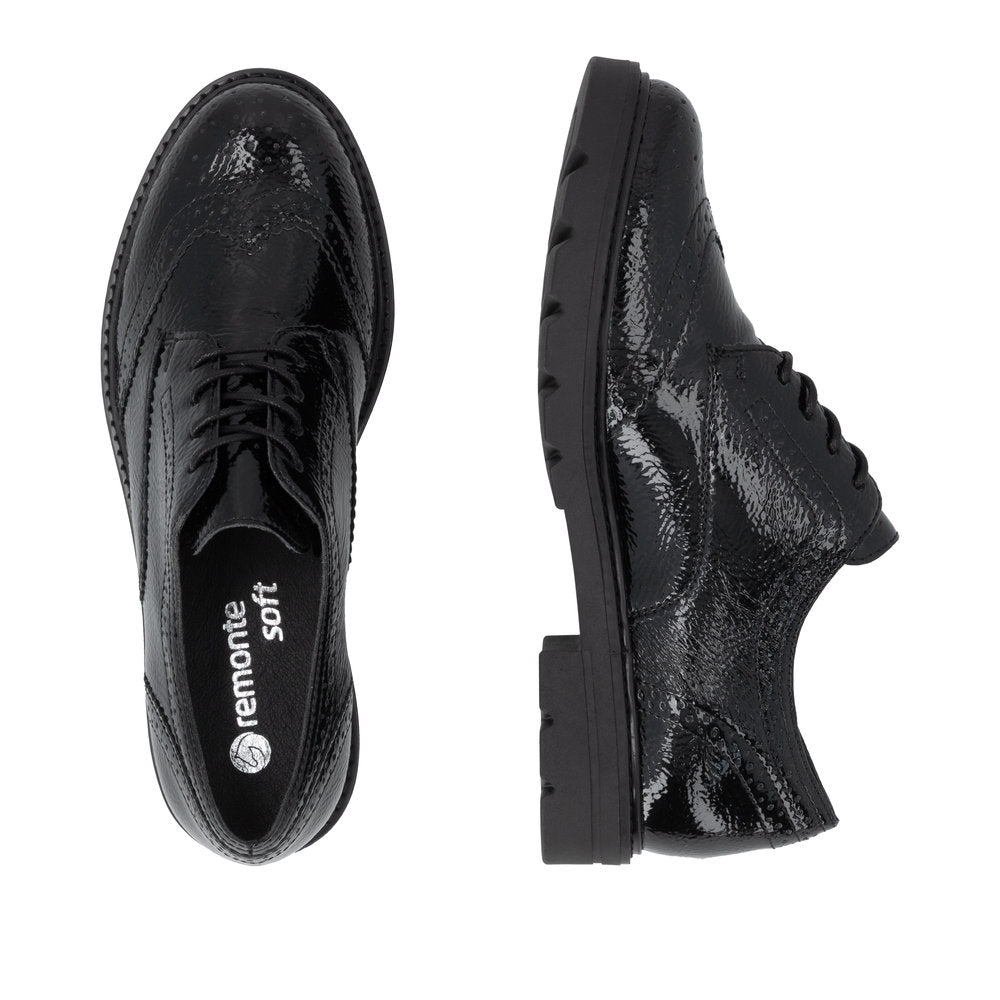 Remonte D2Q04-02 women's black patent brogue lace up shoes, two-angle product view.
